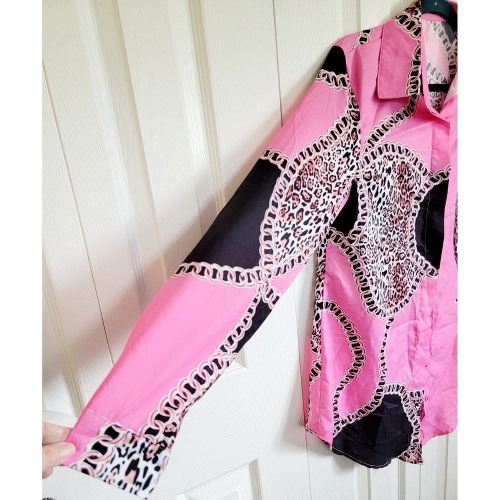 ChicMe L Pink Leopard Chain Print Long Sleeve Button Down Blouse Whimsical Cute - Picture 7 of 13